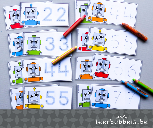 Schrijfkaarten in thema robot om de cijfers te leren schrijven
