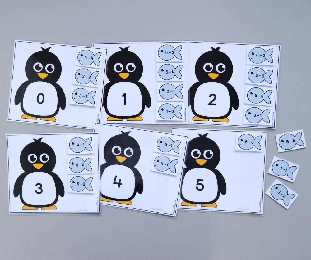 Aftrekken tot 5 oefenen thema pinguïns
