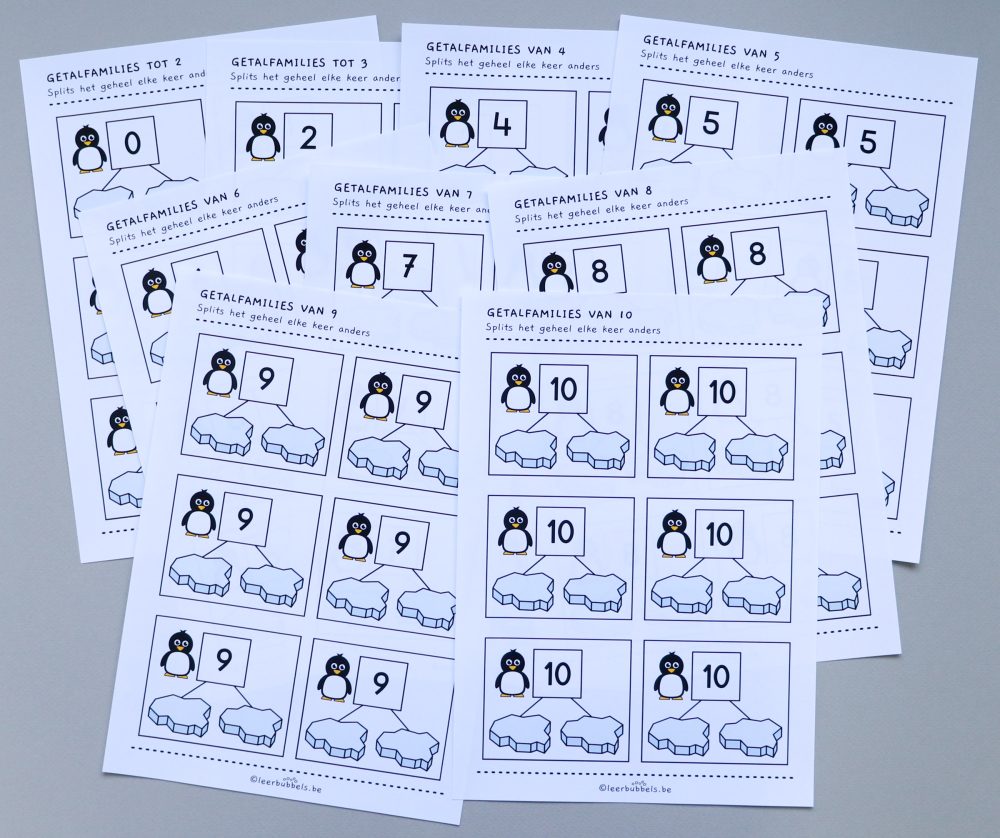 Werkbladen getalfamilies tot 10 thema pinguïns