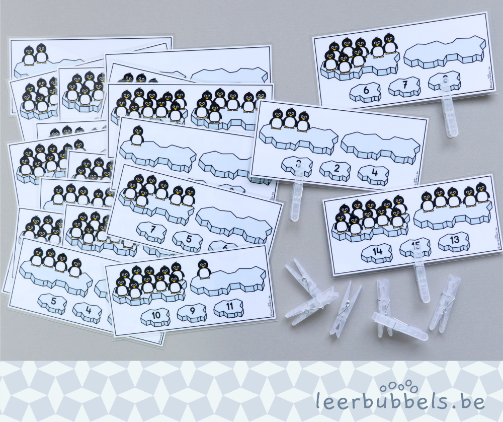 Knijpkaarten tellen tot 20 thema pinguïns leerbubbels
