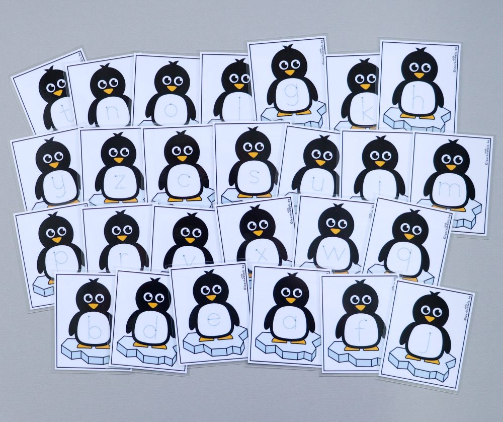Schrijfkaarten kleine letters thema pinguïn leerbubbels