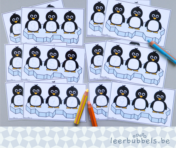 Schrijfkaarten cijfers thema pinguïns leerbubbels