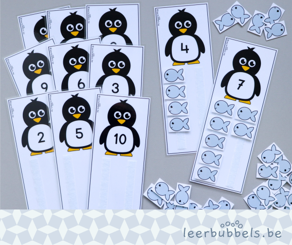 Telkaarten tot 10 thema pinguïns leerbubbels
