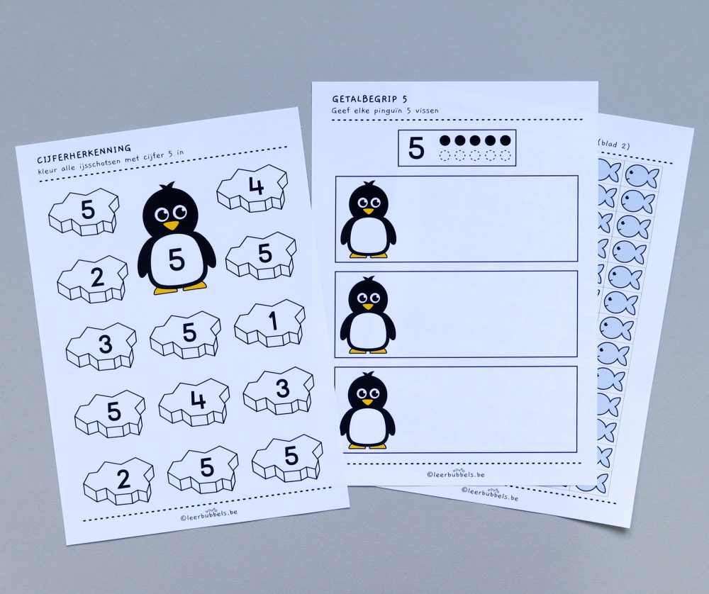 Werkbladen aanleren cijfers thema pinguïns leerbubbels