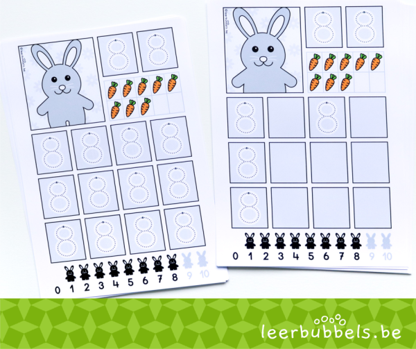 Schrijfbladen cijfers aanleren thema konijnen van Leerbubbels