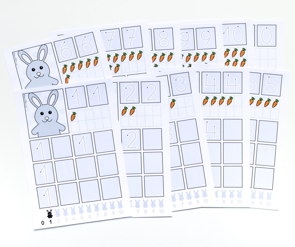 Schrijfbladen cijfers aanleren reeks 2 thema konijnen - Leerbubbels