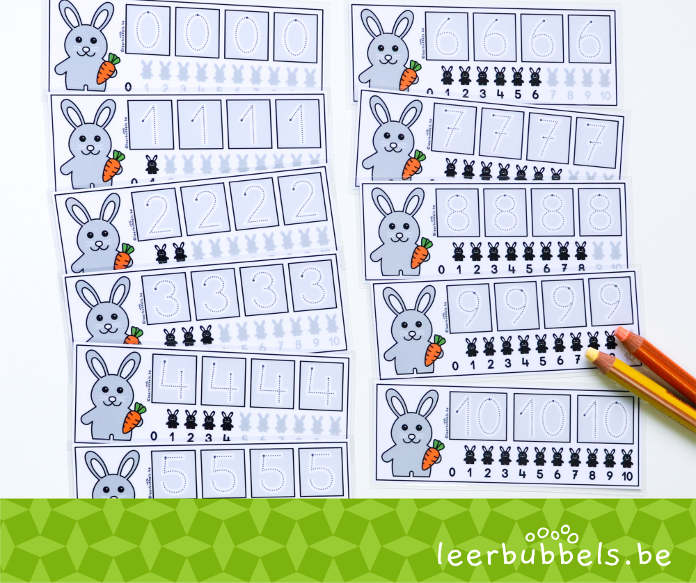 Schrijfkaarten cijfers thema konijnen - Leerbubbels