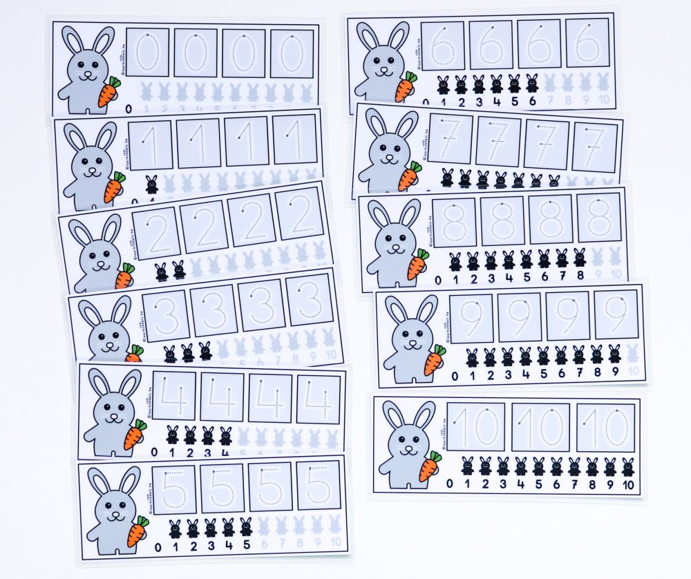 Cijfers leren schrijven met deze schrijfkaarten van Leerbubbels thema Pasen
