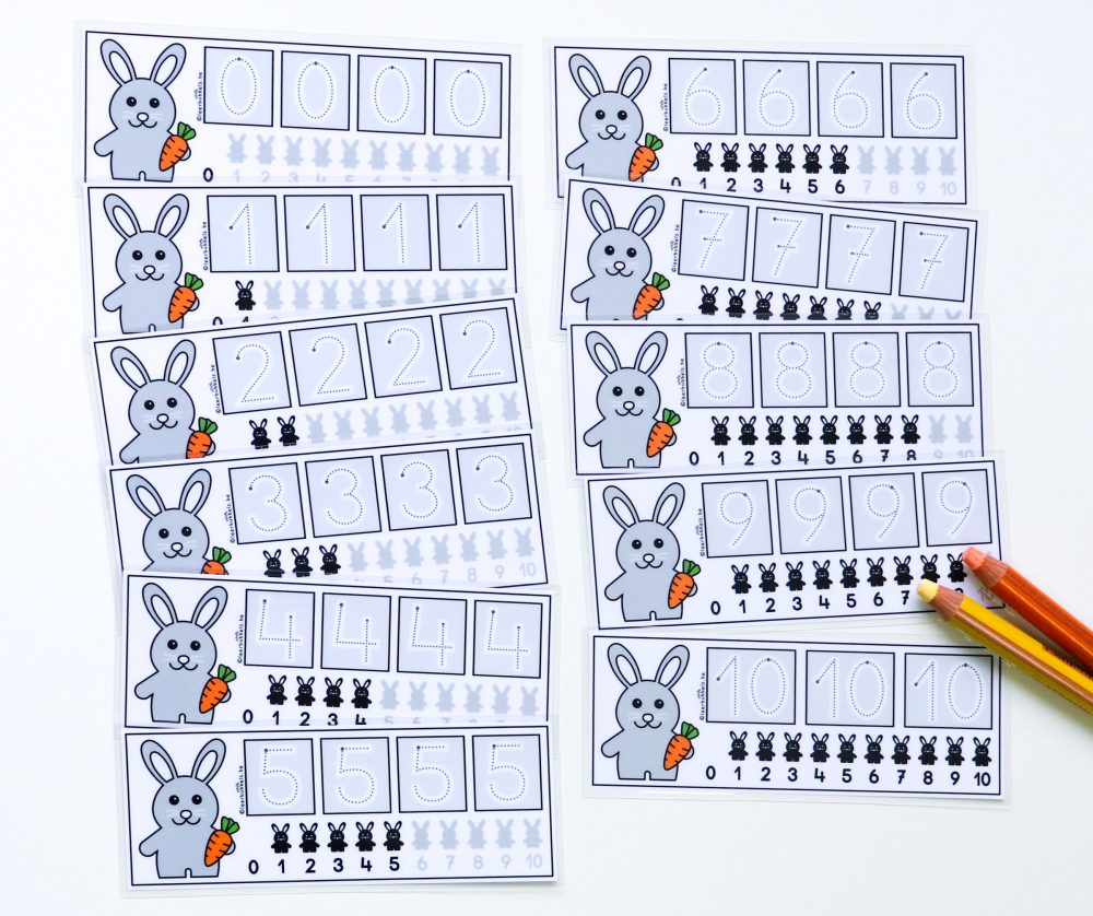 Schrijfkaarten cijfers schrijven thema konijnen