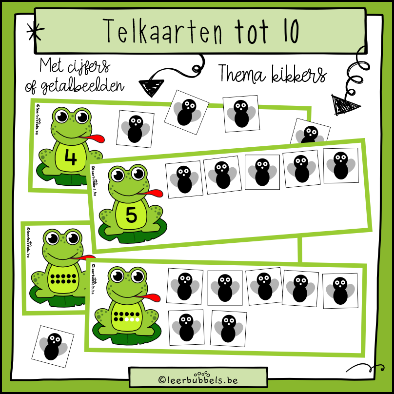 Telkaarten tot 10 voor kleuters en speelleerklas in het thema kikkers