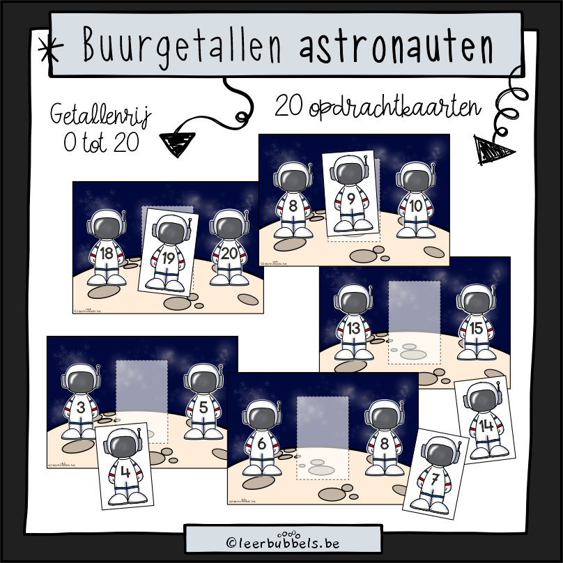 Buurgetallen of telrij van 0 tot 20 thema ruimte voor kleuters en speelleerklas van Leerbubbels