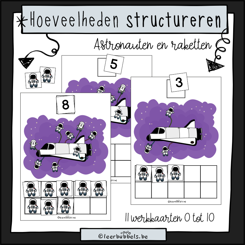 Hoeveelheden tot 10 structureren in tienvelden in thema ruimte of thema raketten en planeten van Leerbubbels voor kleuters en speelleerklas