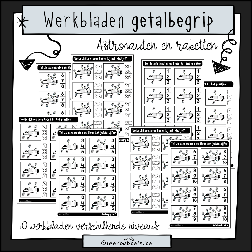 Werkbladen getalbegrip tot 3, tot 5, tot 6, tot 8, tot 10 - thema ruimte - voor kleuters en speelleerklas - Leerbubbels