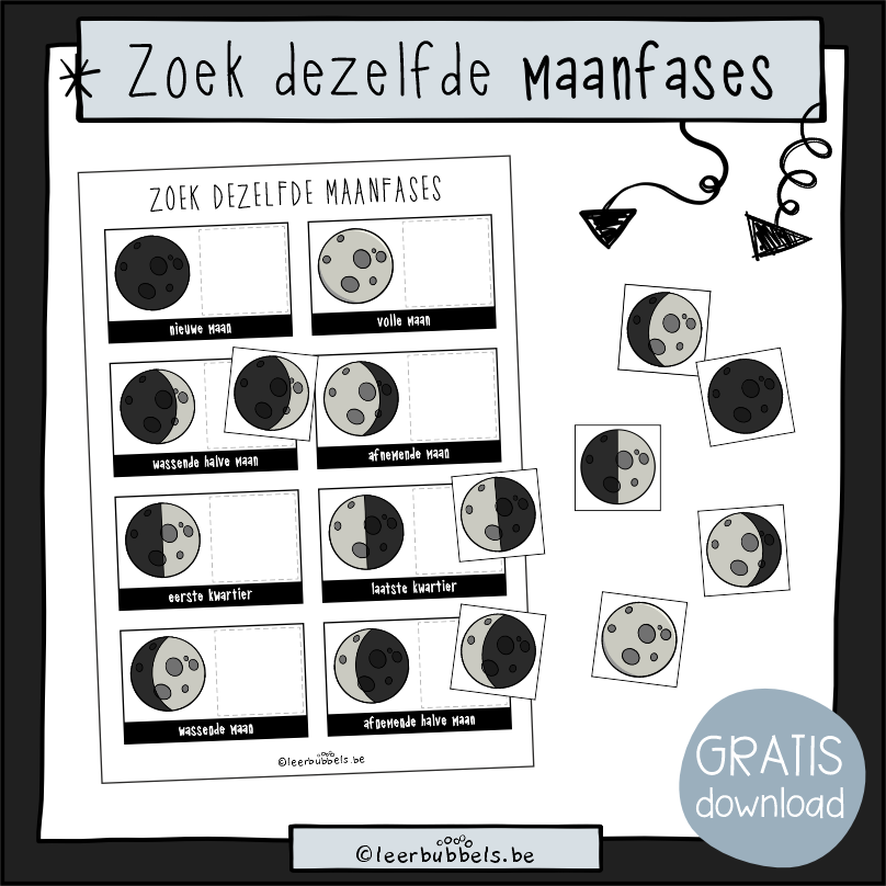 Visuele discriminatie - maanfases leren - thema ruimte - voor kleuters en speelleerklas - Leerbubbels