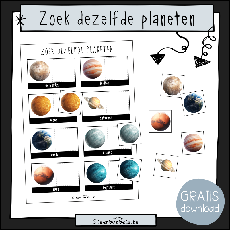 Leren over planeten - dezelfde zoeken - thema ruimte - voor kleuters en speelleerklas - Leerbubbels